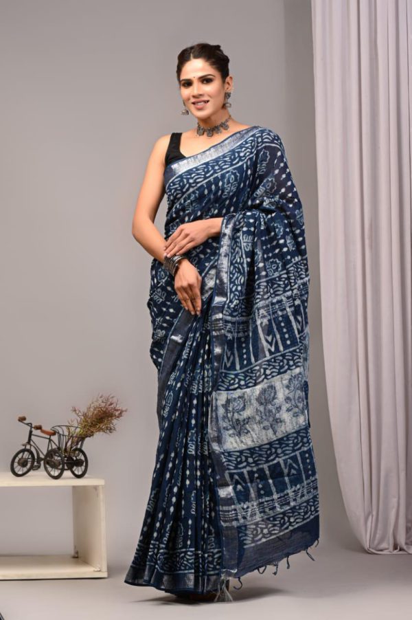 Hand block printed linen saree with blouse Print-65