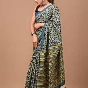 Hand block printed linen saree with blouse Print-66