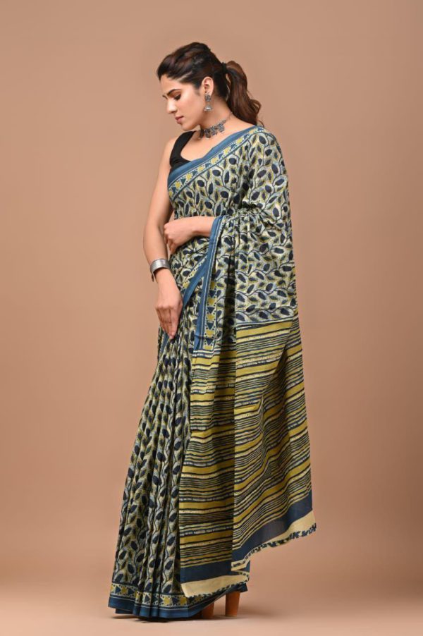 Hand block printed linen saree with blouse Print-66