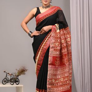 Hand block printed linen saree with blouse Print-68