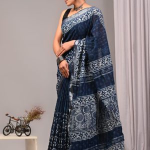 Hand block printed linen saree with blouse Print-67