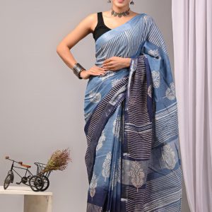 Hand block printed linen saree with blouse Print-69