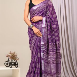 Hand block printed linen saree with blouse Print-70