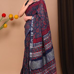 Hand block printed linen saree with blouse Print-71