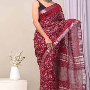 Hand block printed linen saree with blouse color : Maroon 2