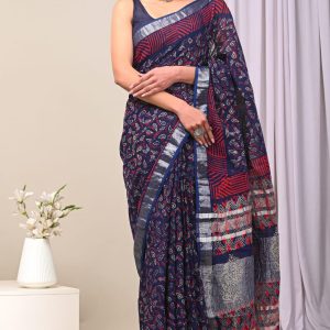 Hand block printed linen saree with blouse color : Indigo & Red
