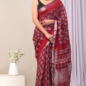 Hand block printed linen saree with blouse color : Maroon 1