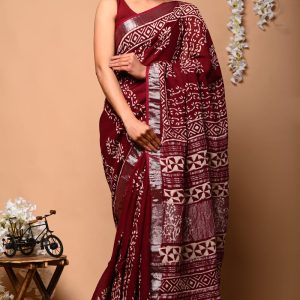 Hand block printed linen saree with blouse color : Maroon 3