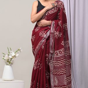 Hand block printed linen saree with blouse color : Dark Maroon