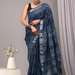 Hand block printed linen saree with blouse color : Blue 2