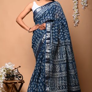 Hand block printed linen saree with blouse color : Blue