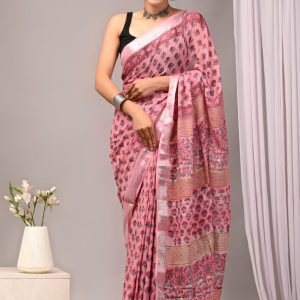 Hand block printed linen saree with blouse color : Pink
