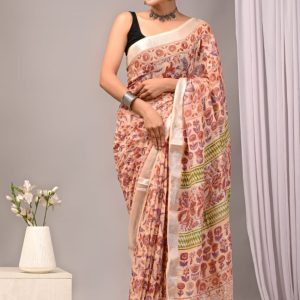 Hand block printed linen saree with blouse color : Beige