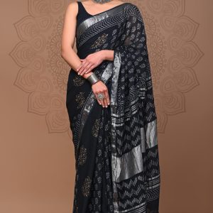 Hand block printed linen saree with blouse color : Black & Silver