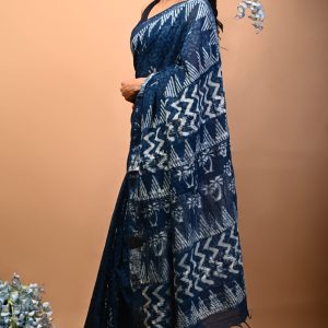 Hand block printed linen saree with blouse color : Dark Indigo