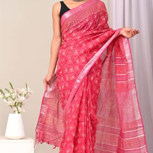 Hand block printed linen saree with blouse color : Watermelon Pink