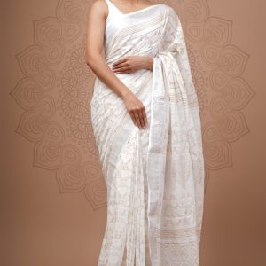Hand block printed linen saree with blouse color : White