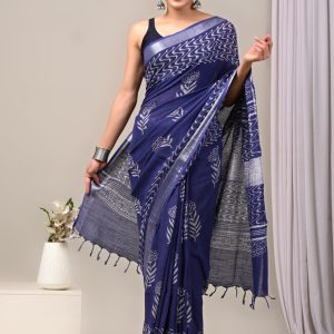 Hand block printed linen saree with blouse color : Navy Blue