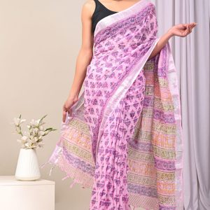 Hand block printed linen saree with blouse color : Light Purple