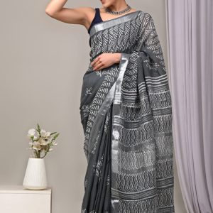 Hand block printed linen saree with blouse color : Grey