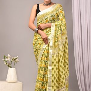 Hand block printed linen saree with blouse color : Yellow With Green