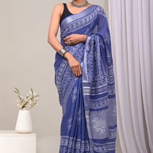 Hand block printed linen saree with blouse color : Sky Blue