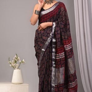 Hand block printed linen saree with blouse color : Dark Purple