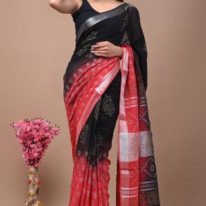 Hand block printed linen saree with blouse color : Black & Red