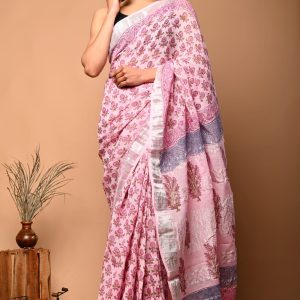 Hand block printed linen saree with blouse color : Light Pink